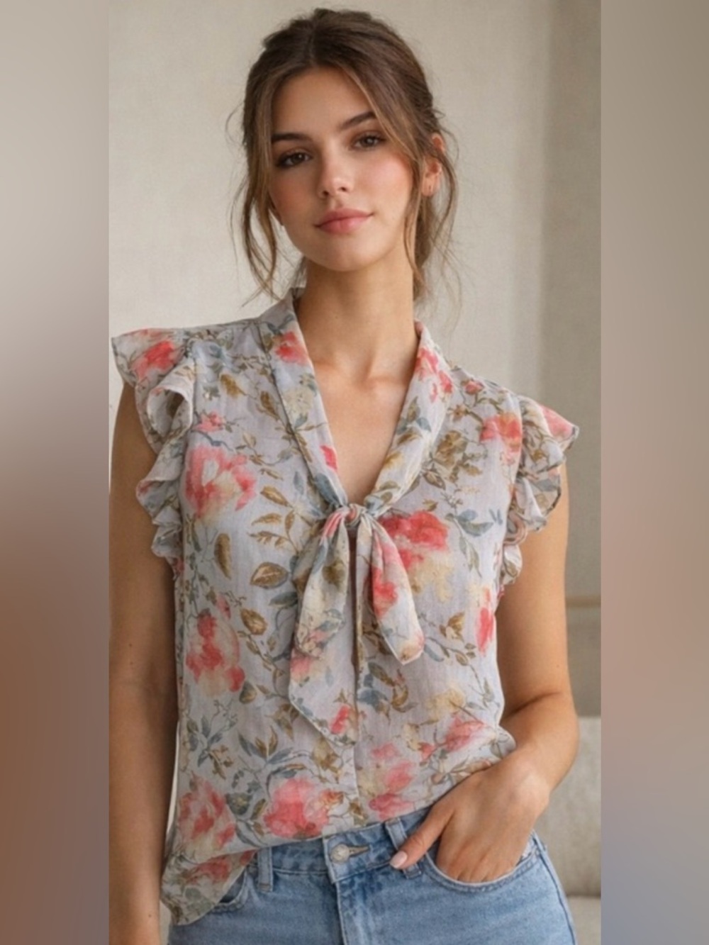 WAYF Floral Tie Neck Blouse Womens L Sheer Chiffon Flutter Sleeve Romantic Top